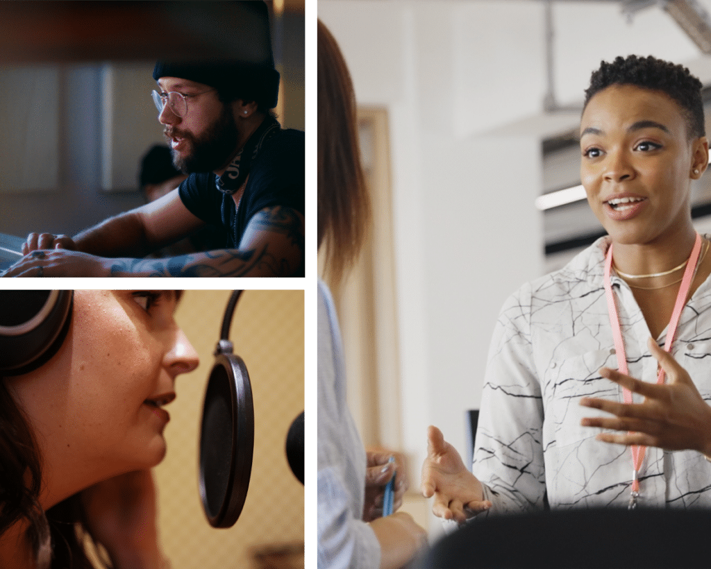 collage of broadcast media workers